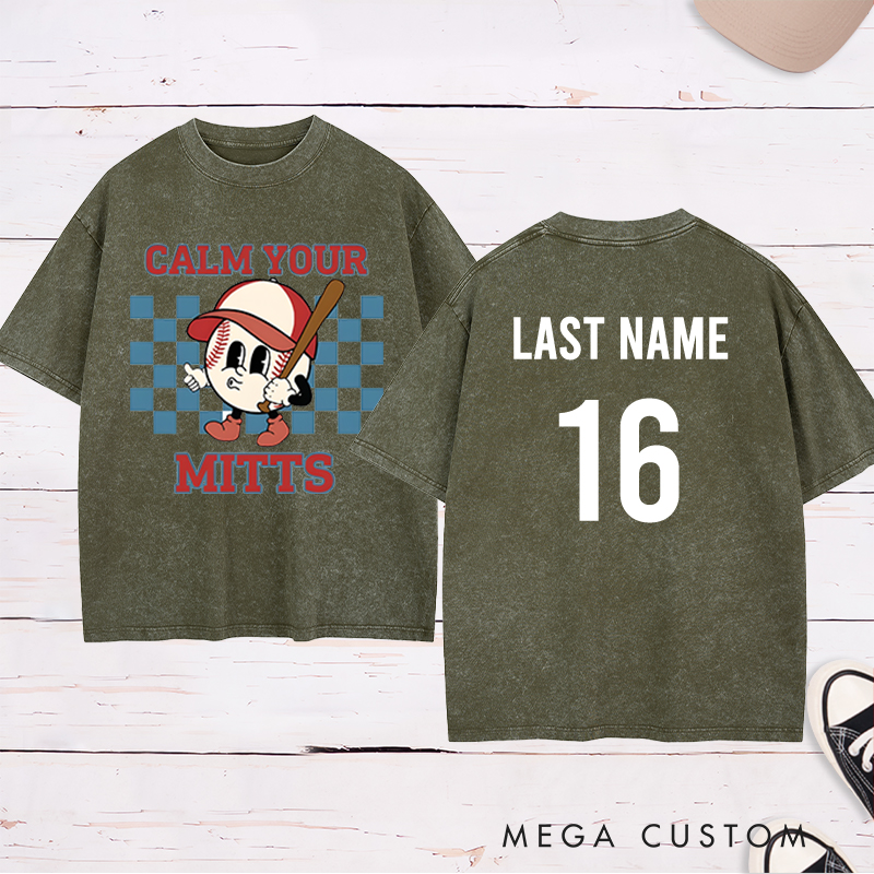 Personalized "Calm Your Mitts" Baseball Washed T-Shirt with Custom Name and Number  