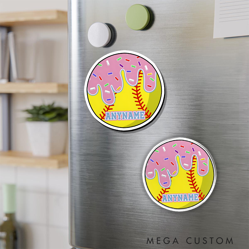 Personalized Softball Refrigerator Magnet with Custom Name Pink Dripping Icing and Sprinkles Design