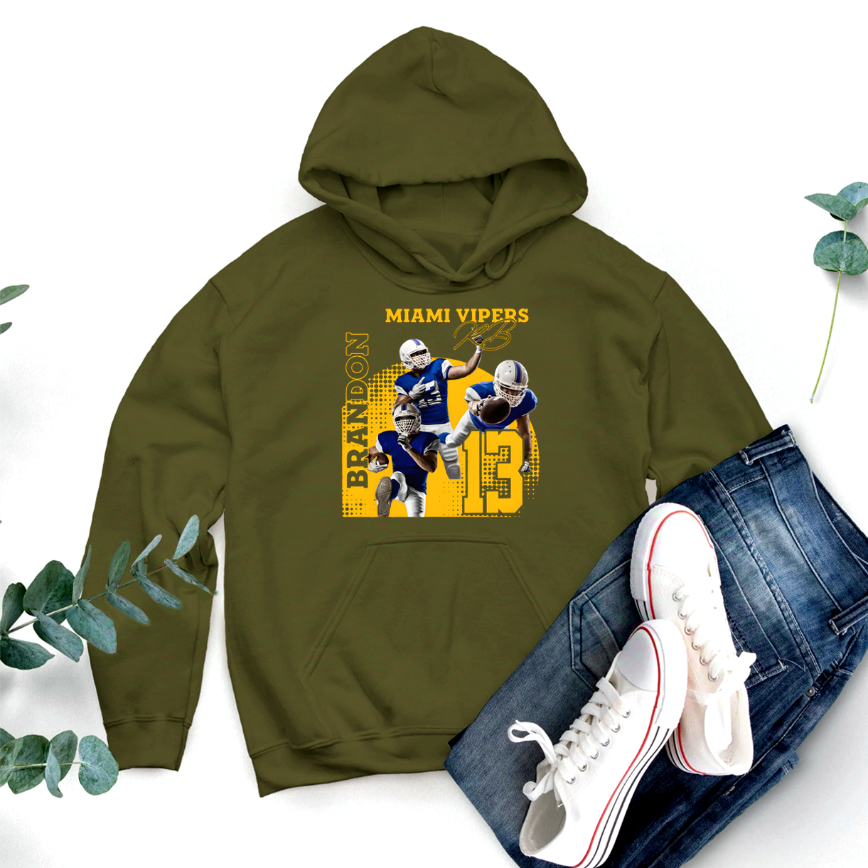 Personalized American Football Hoodie with Custom Photo, Name, Team Name, and Number Design