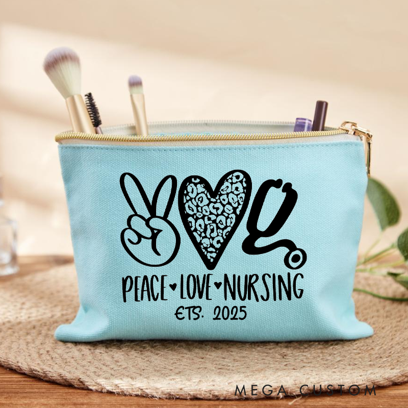 Personalized Makeup Bag for Nurse Peace Love Nursing Stethoscope Fashion Cosmetic Bag Gift