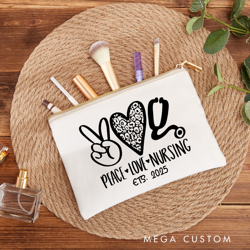 Personalized Makeup Bag for Nurse Peace Love Nursing Stethoscope Fashion Cosmetic Bag Gift