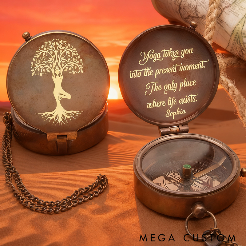 Personalized Yoga Compass with Vintage Tree Design and Inspirational Quote Unique Gift for Yoga Lovers