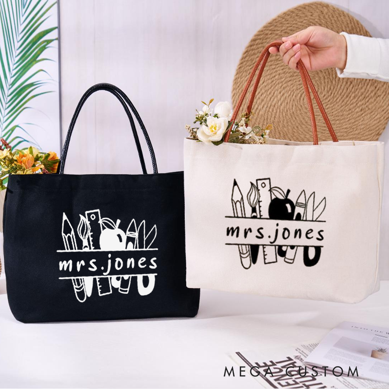 Personalized Teacher Name PU Leather Canvas Tote Bag Fashion Design Teacher Appreciation Gifts