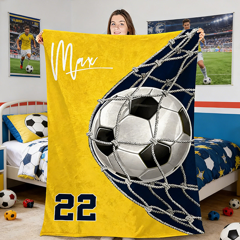 Personalized Multicolor Soccer Goal Shot Soft Throw Blanket with Number and Name Game Day Home Decor Birthday Gift for Soccer Lover