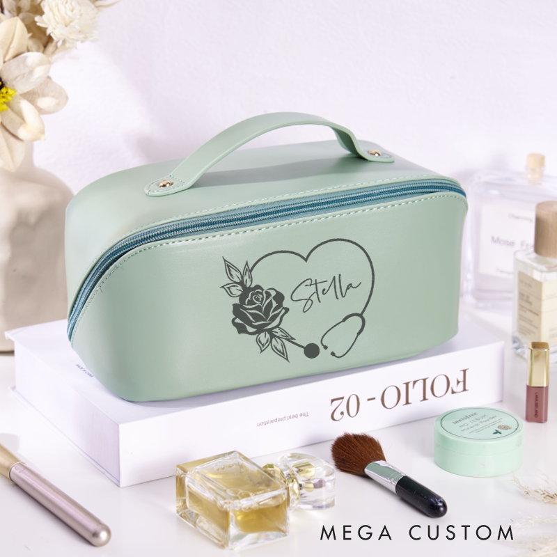 Personalized Leather Cosmetic Bag for Nurse Large Capacity Makeup Bag Leather Storage Organizer Gift