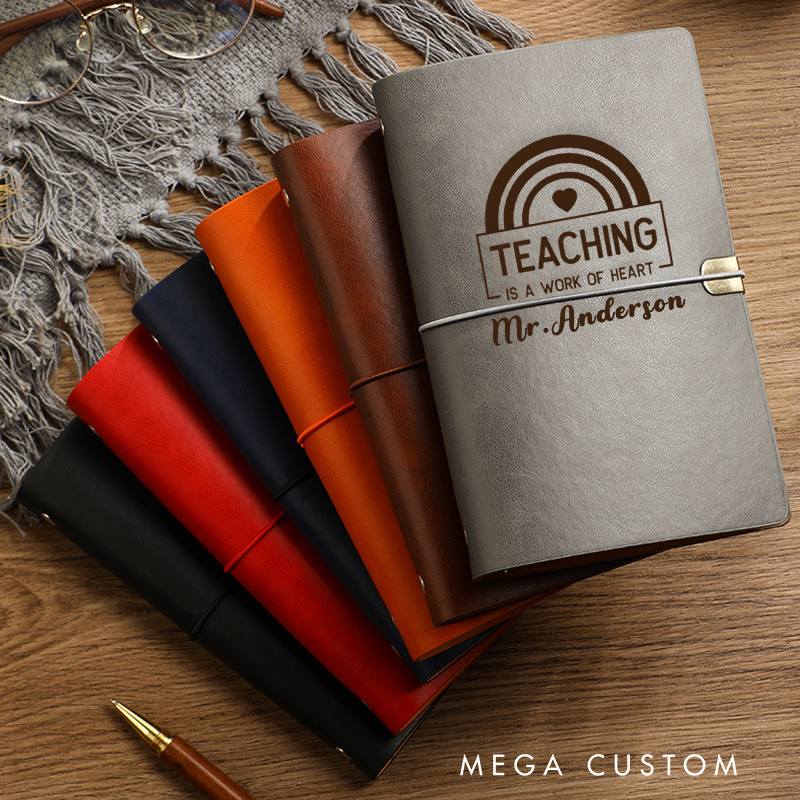 Personalized Leather Notebook for Teacher Teaching Is a Work of Heart Vintage Leather Journal Teacher Appreciation Gift