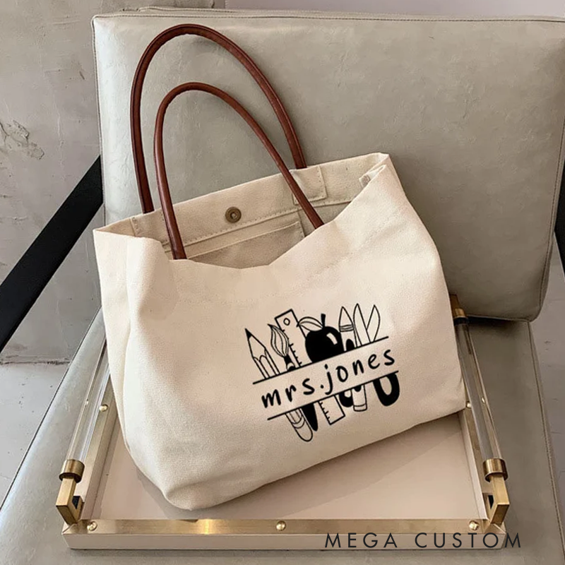 Personalized Teacher Name PU Leather Canvas Tote Bag Fashion Design Teacher Appreciation Gifts