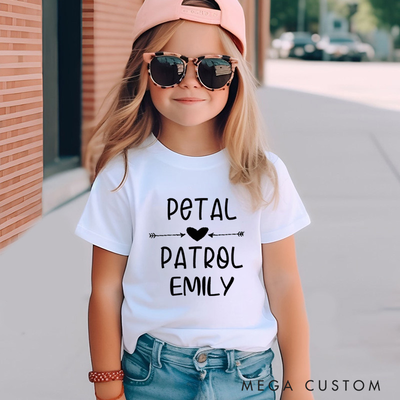 Personalized Playful Petal Patrol with Heart and Arrow Wedding Flower Girl T-Shirt 