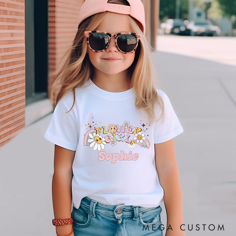 Personalized Whimsical Retro Flower Girl with Daisies and Rainbows Wedding Flower Girl T-Shirt 