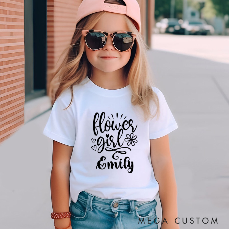 Personalized Elegant Flower Girl with Hearts and Floral Wedding Flower Girl T-Shirt 