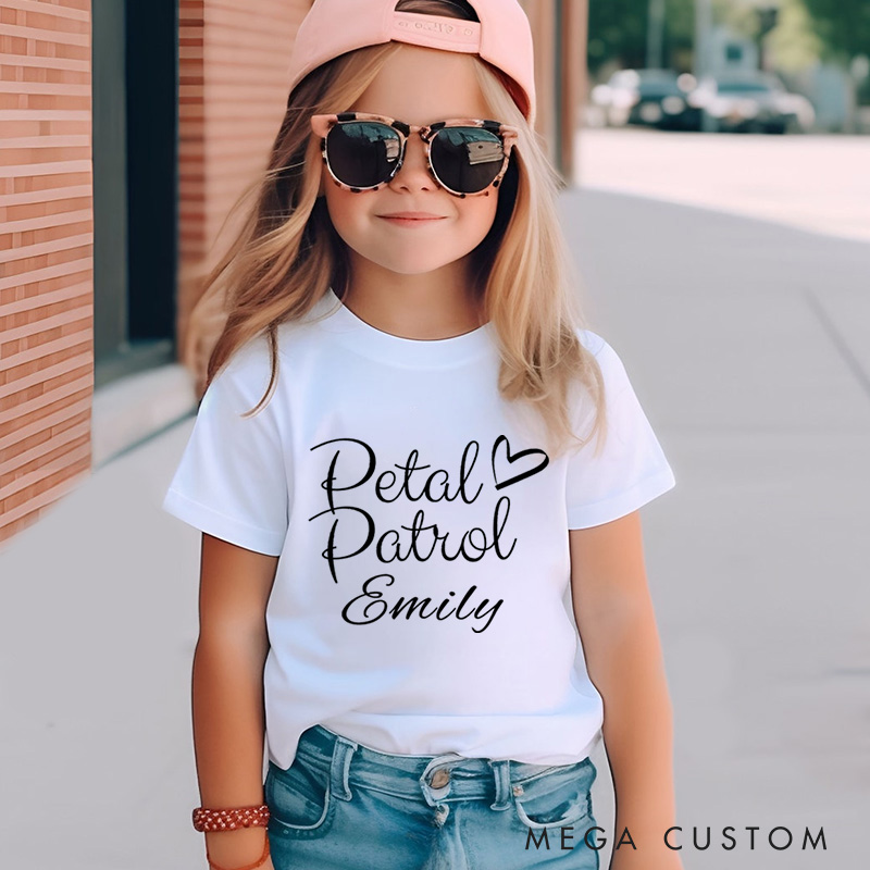 Personalized Chic Handwritten Petal Patrol with Heart Wedding Flower Girl T-Shirt 