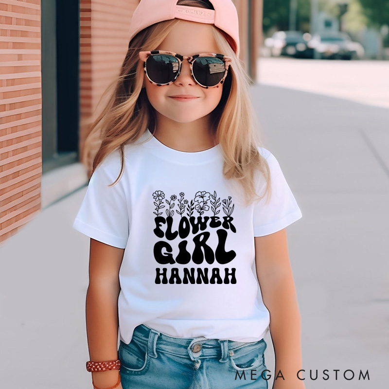 Personalized Boho Groovy Flower Girl with Floral Wedding Flower Girl T-Shirt 