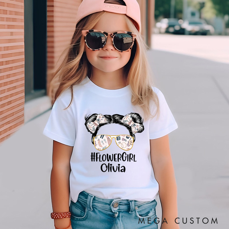 Personalized Trendy Flower Girl with Sunglasses and Bows Wedding Flower Girl T-Shirt 