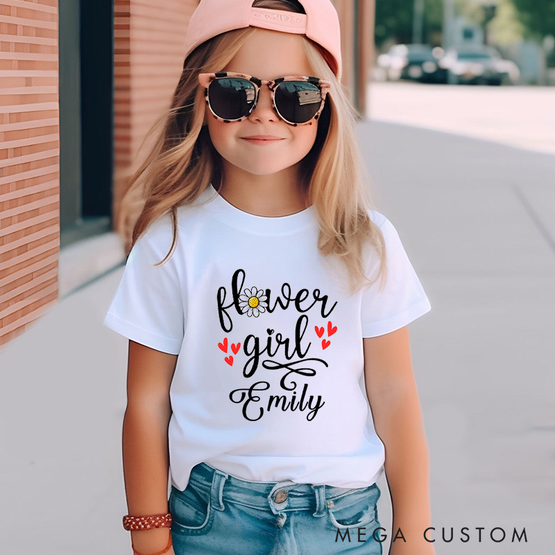 Personalized Sweet Flower Girl with Daisy and Hearts Wedding Flower Girl T-Shirt 