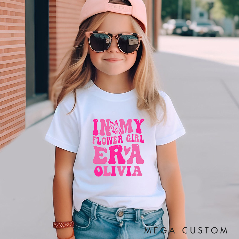 Personalized Retro Pink In My Flower Girl Era with Butterfly Wedding Flower Girl T-Shirt 