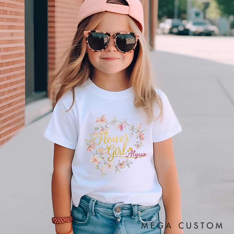 Personalized Watercolor Whimsical Floral Wreath Wedding Flower Girl T-Shirt 