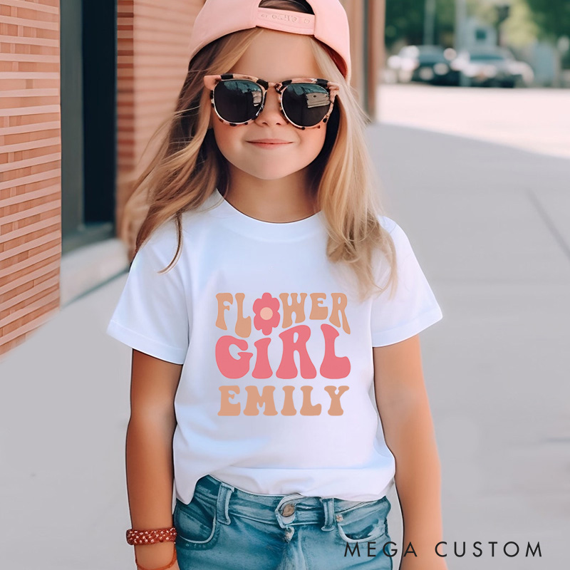 Personalized Retro Groovy Flower Girl Wedding Flower Girl T-Shirt 