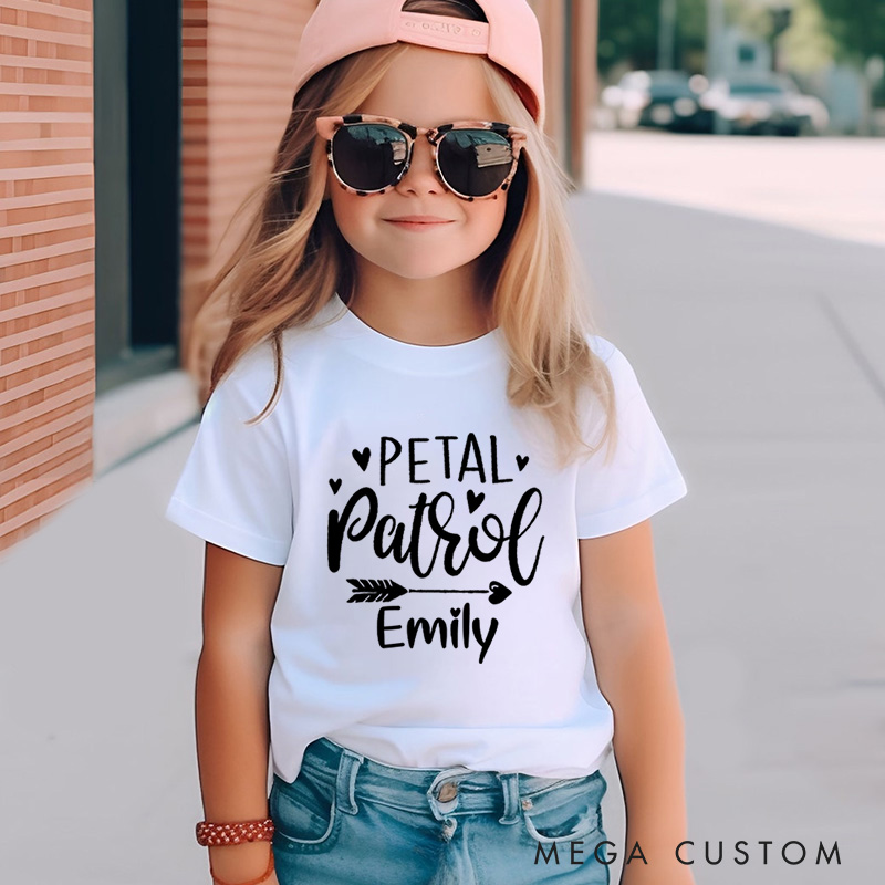 Personalized Whimsical Handwritten Petal Patrol with Heart and Arrow Wedding Flower Girl T-Shirt 