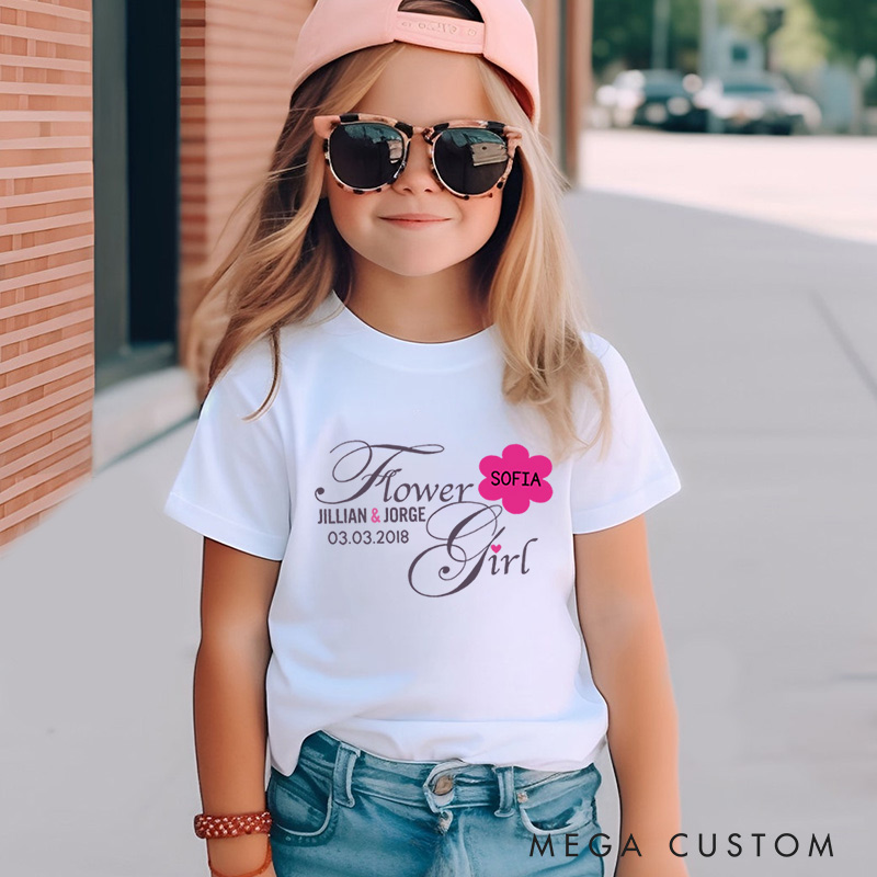 Personalized Elegant Script Flower Girl with Floral Name Wedding Flower Girl T-Shirt 