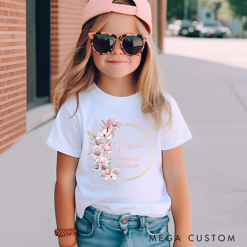 Personalized Delicate Flower Wreath T-Shirt for Wedding Flower Girl