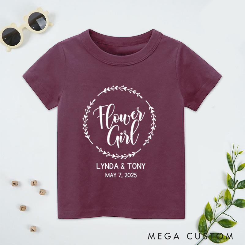 Personalized Elegant Flower Girl Design with Laurel Wreath Wedding Flower Girl T-Shirt 