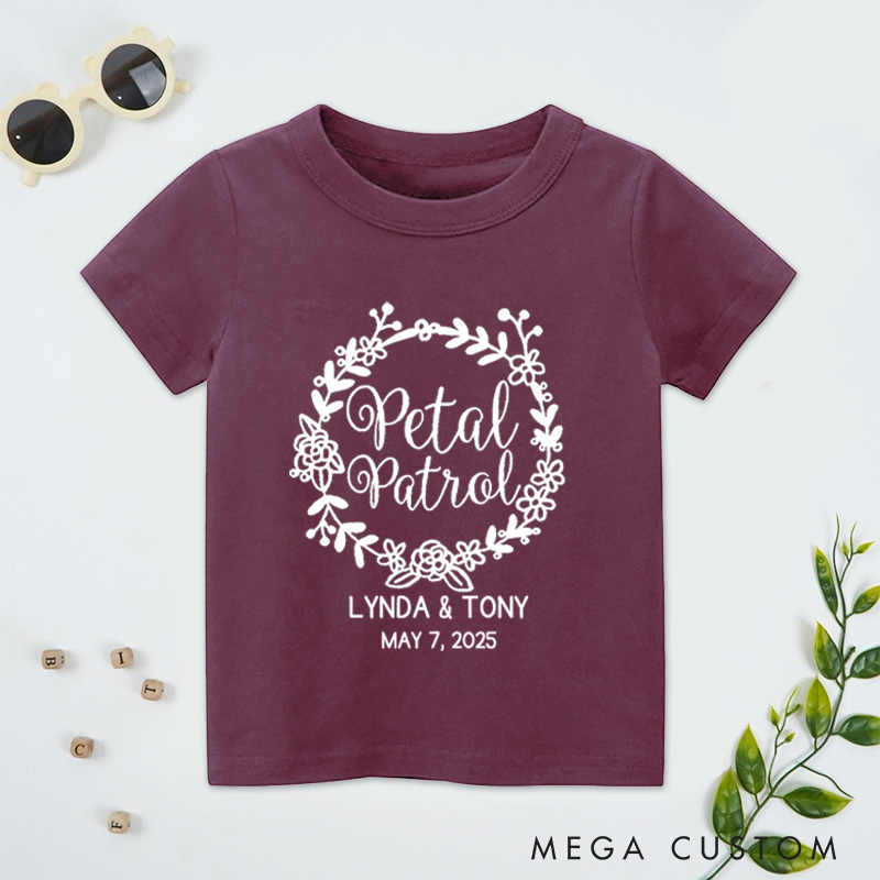 Personalized Elegant Petal Patrol with Floral Wreath Wedding Flower Girl T-Shirt 