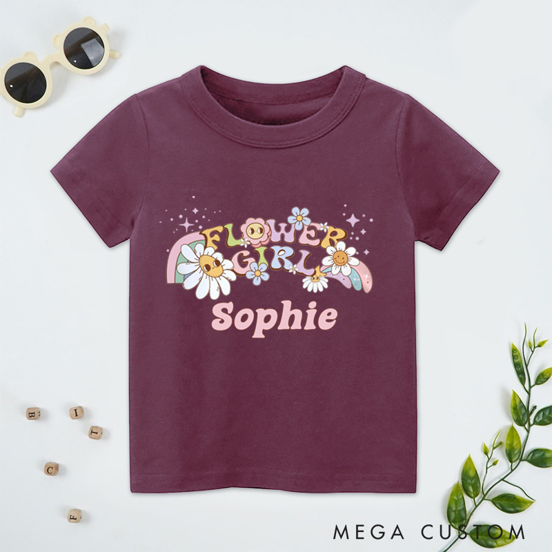 Personalized Whimsical Retro Flower Girl with Daisies and Rainbows Wedding Flower Girl T-Shirt 