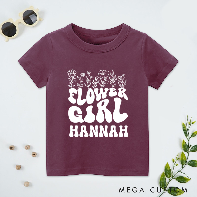 Personalized Boho Groovy Flower Girl with Floral Wedding Flower Girl T-Shirt 