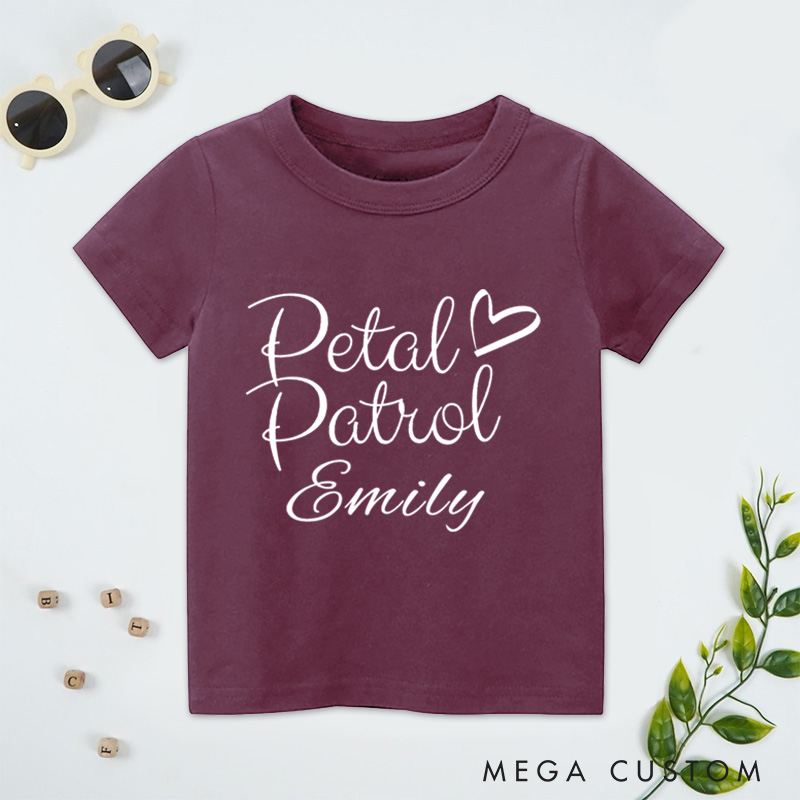Personalized Chic Handwritten Petal Patrol with Heart Wedding Flower Girl T-Shirt 