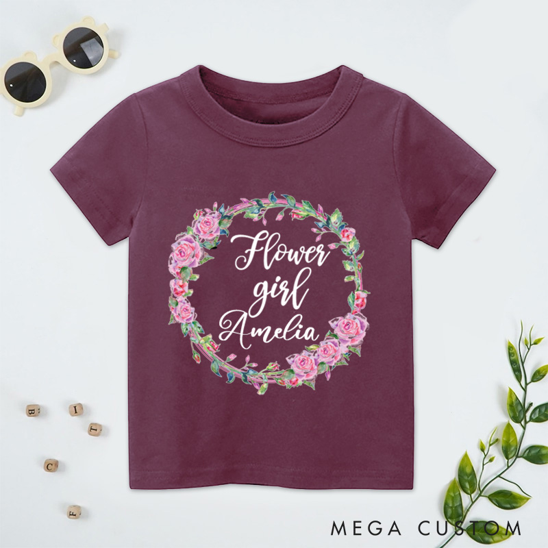 Personalized Flower Girl with Watercolor Rose Wreath Wedding Flower Girl T-Shirt 