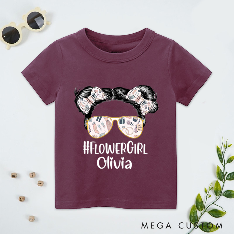 Personalized Trendy Flower Girl with Sunglasses and Bows Wedding Flower Girl T-Shirt 