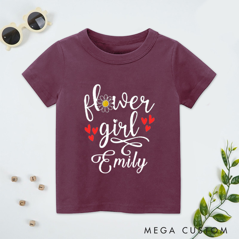 Personalized Sweet Flower Girl with Daisy and Hearts Wedding Flower Girl T-Shirt 