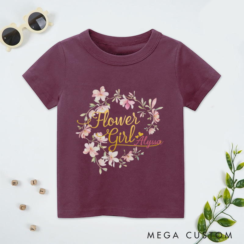Personalized Watercolor Whimsical Floral Wreath Wedding Flower Girl T-Shirt 