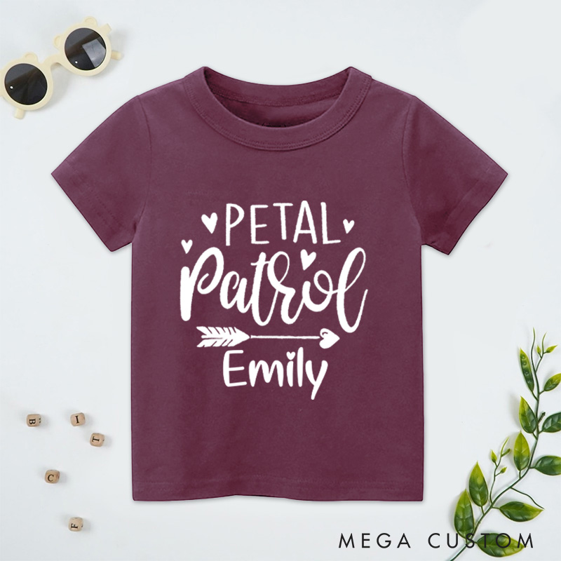 Personalized Whimsical Handwritten Petal Patrol with Heart and Arrow Wedding Flower Girl T-Shirt 