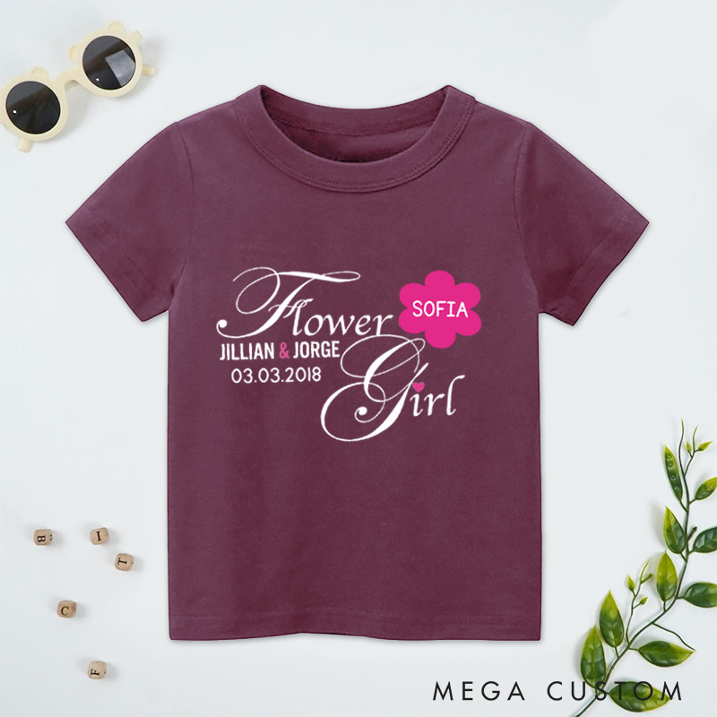 Personalized Elegant Script Flower Girl with Floral Name Wedding Flower Girl T-Shirt 