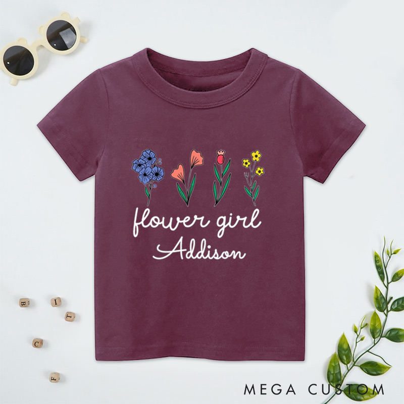 Personalized Whimsical Flower Girl Design with Hand-Drawn Flowers Wedding Flower Girl T-Shirt 