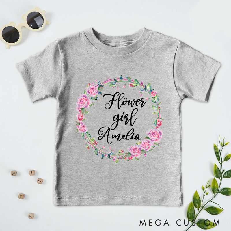Personalized Flower Girl with Watercolor Rose Wreath Wedding Flower Girl T-Shirt 