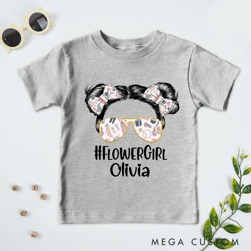 Personalized Trendy Flower Girl with Sunglasses and Bows Wedding Flower Girl T-Shirt 