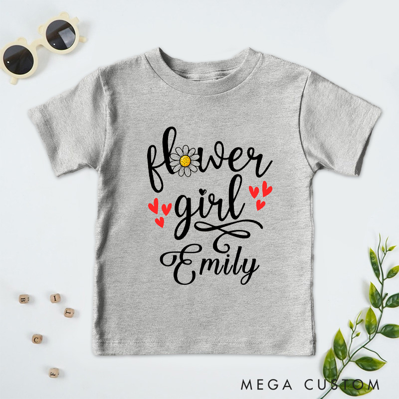Personalized Sweet Flower Girl with Daisy and Hearts Wedding Flower Girl T-Shirt 