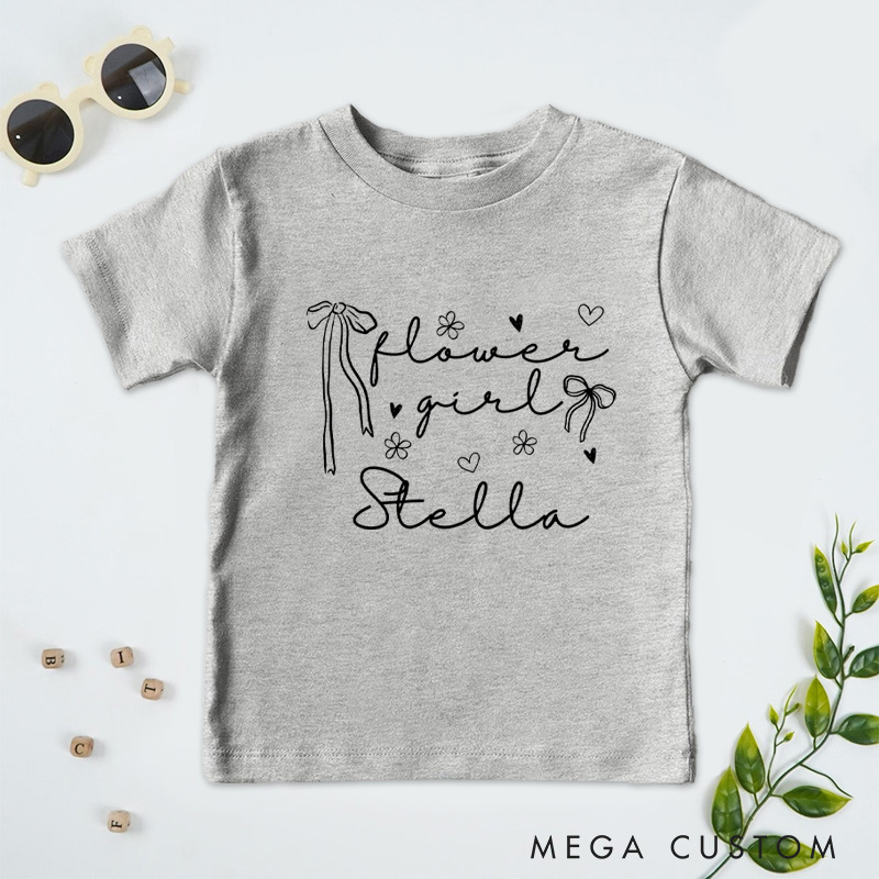 Personalized Delicate Flower Girl with Bows and Hearts Wedding Flower Girl T-Shirt 