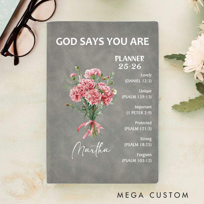 Personalized Flower Bouquet Bible Verse Planner 25-26 Leather A5 Notebook with Name Weekly Monthly Planning Birthday Religious Gift for Family Friends