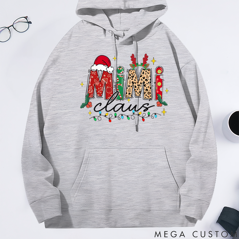 Personalized Christmas Mama Gigi Nana Claus Classic Hoodie with Santa Hat and Reindeer Antler Decorations