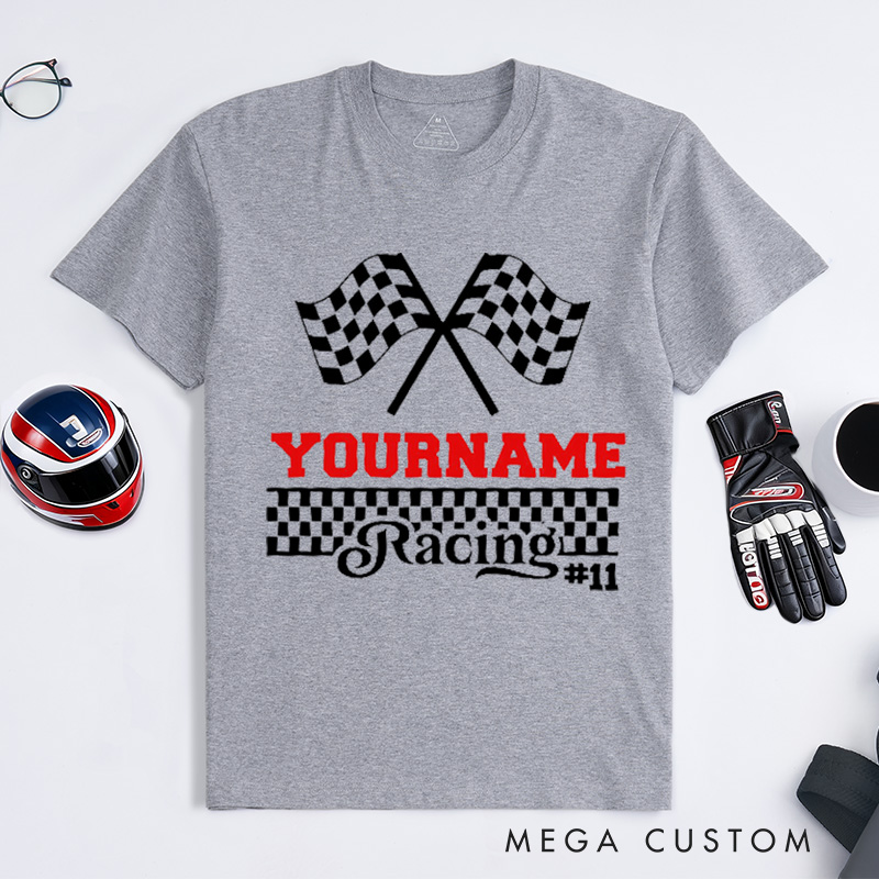Personalized Racing Checkered Flag T-Shirt Custom Name and Number Race Team Tee Gift for Racers and Racing Lovers