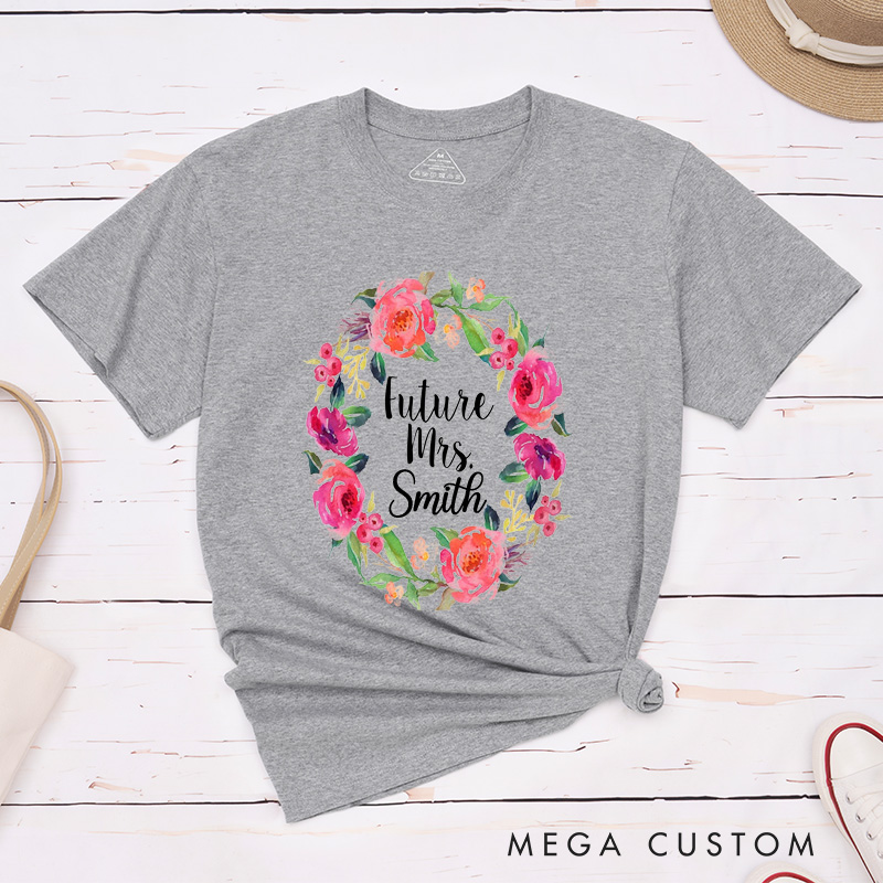 Personalized Romantic Watercolor Floral Wreath Future Mrs Fiancee Engagement Fiancée Classic T-Shirt