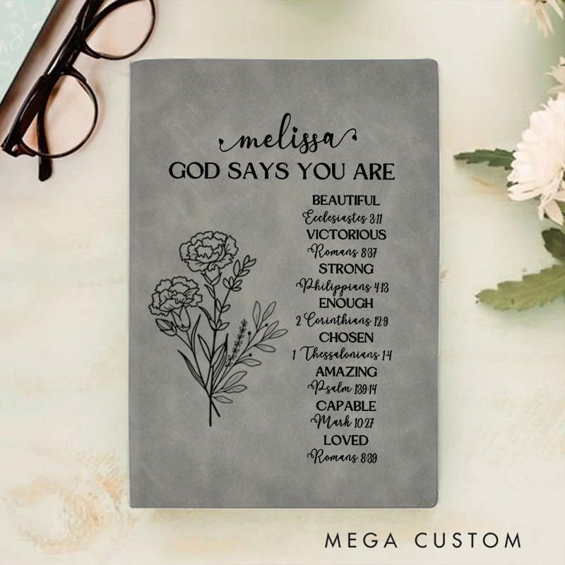 Personalized God Says You are Inspiration A5 Leather Prayer Journal Notebook with Birth Flower and Name Christian Gift Baptism Birthday Gift for Women