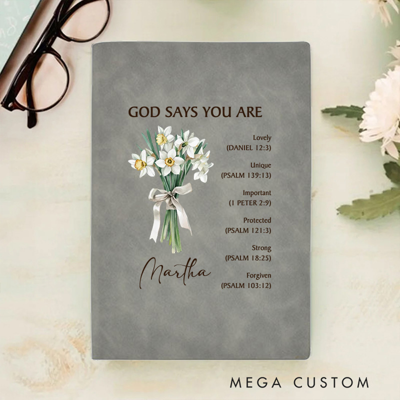 Personalized God Says You are Lovely A5 Leather Prayer Journal Notebook with Birth Flower Bouquet and Name Baptism Birthday Gift for Christians Women