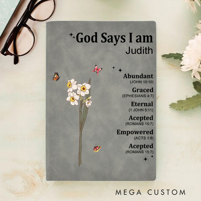 Personalized God Says I am Name Meaning on Bible Verse Leather Prayer Journal Notebook with Name Baptism Gift Thanksgiving Gift for Family Christians