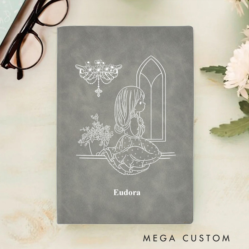 Personalized Leather Birth Flower Kid Christian Notebook with Name Gift for Kids Gift for Girls Boys Baptism Gift Birthday Gift Religious Gift