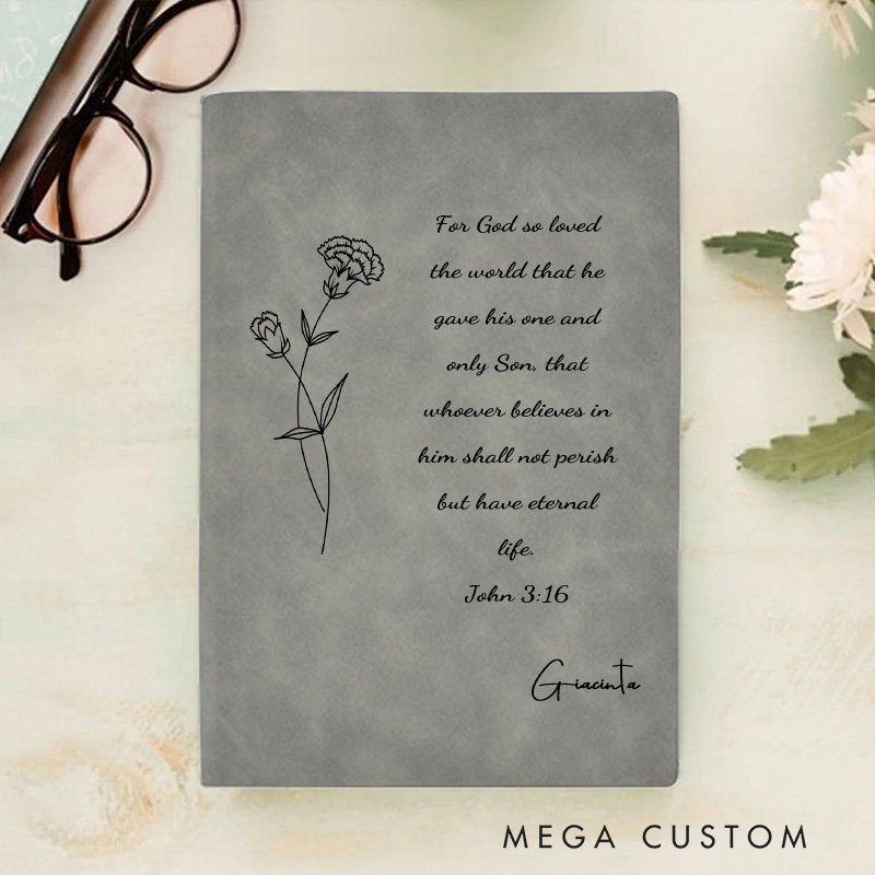 Personalized Birth Flower Bible Verse Prayer Journal Leather A5 Notebook with Name Church Study Birthday Baptism Religious Day Gift for Christians