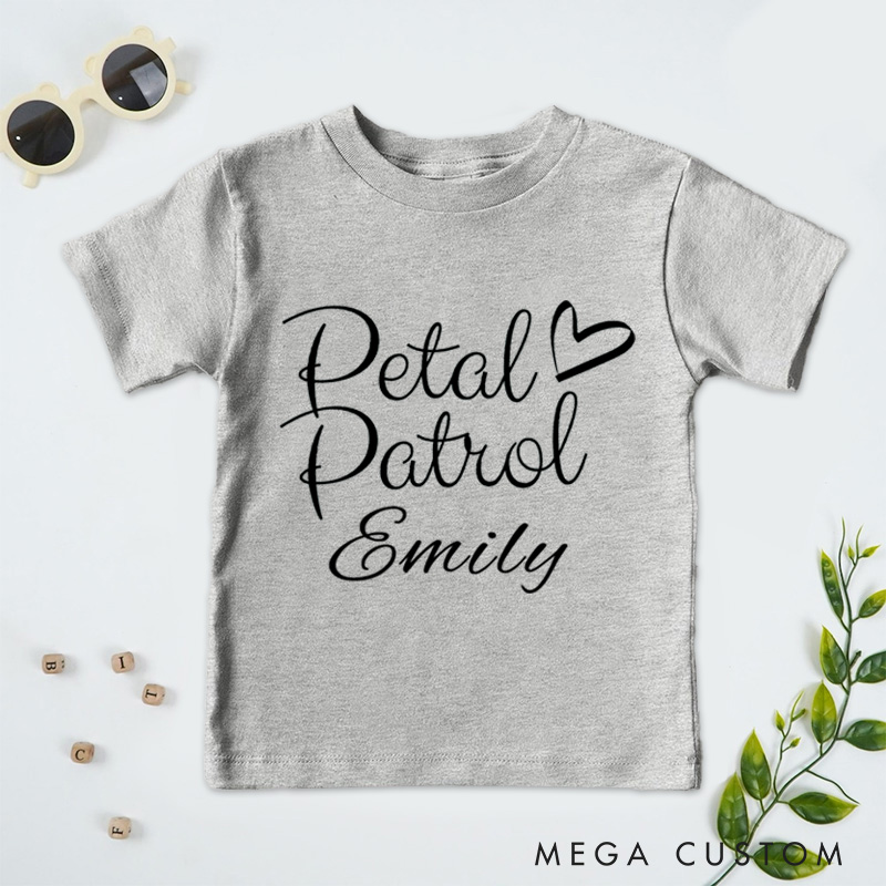 Personalized Chic Handwritten Petal Patrol with Heart Wedding Flower Girl T-Shirt 